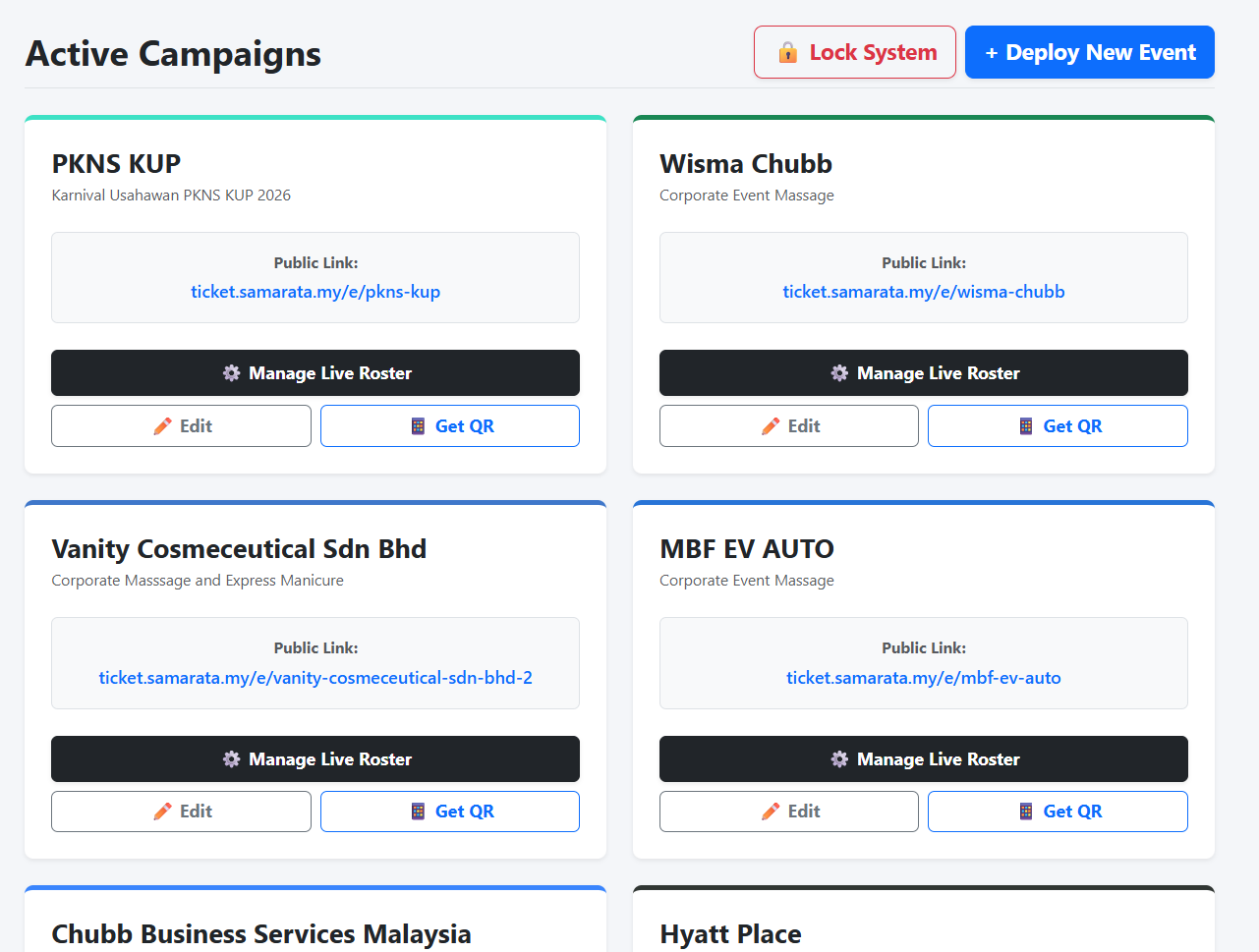 Samarata admin dashboard showing active event campaigns with public booking links for each client
