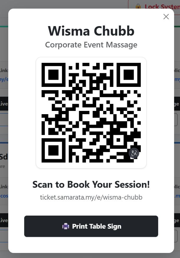 Printable QR code table sign inviting guests to scan and book their own massage session