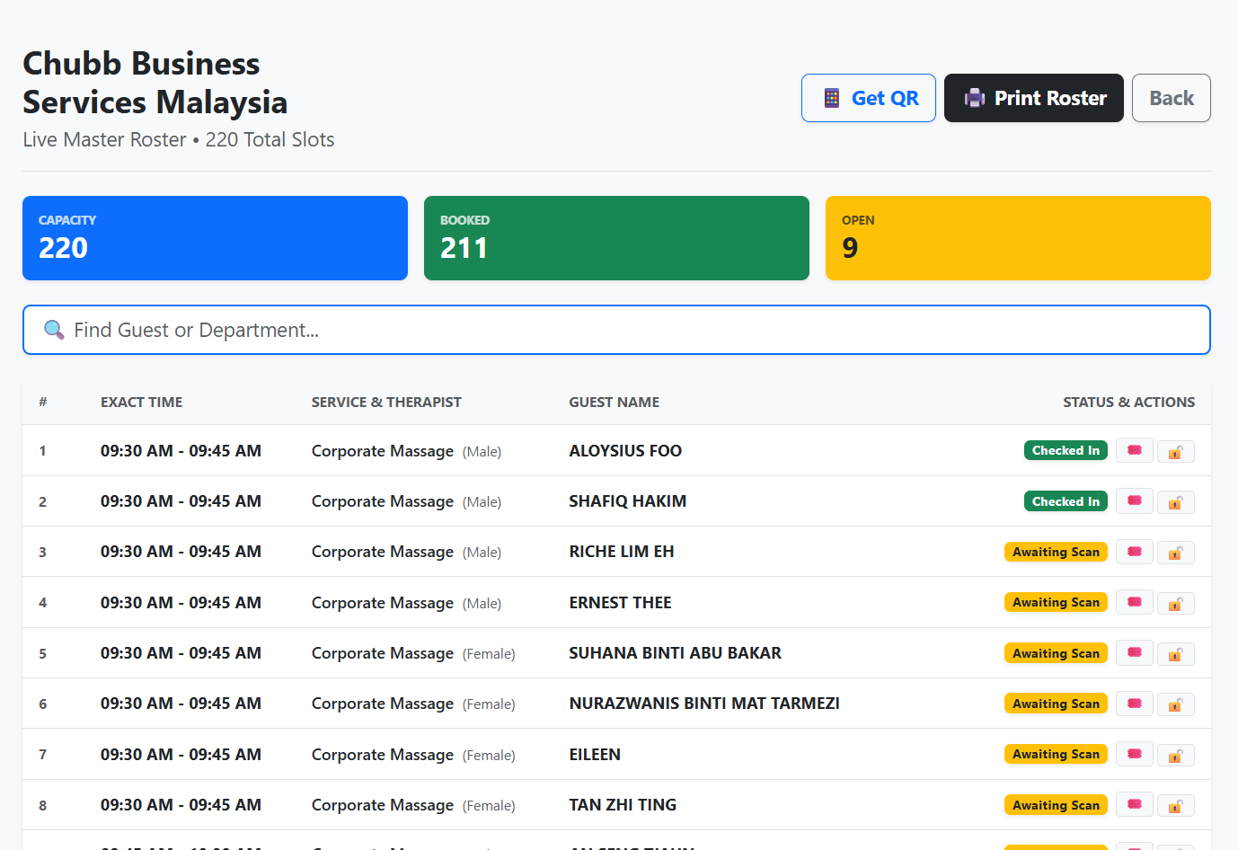 Live event roster dashboard showing capacity, bookings, open slots and check-in status for every guest
