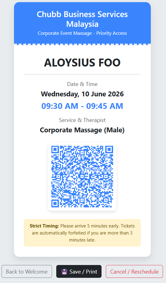 Sample personal e-ticket with guest name, appointment time, assigned therapist and a personal QR code